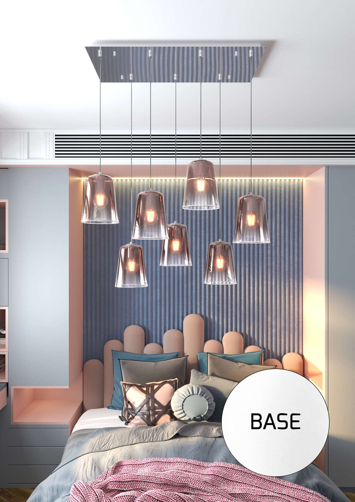 1164BI/S7 R-RA SHADED SOSP. BIANCO RETTANGOLARE 7 LUCI RAME