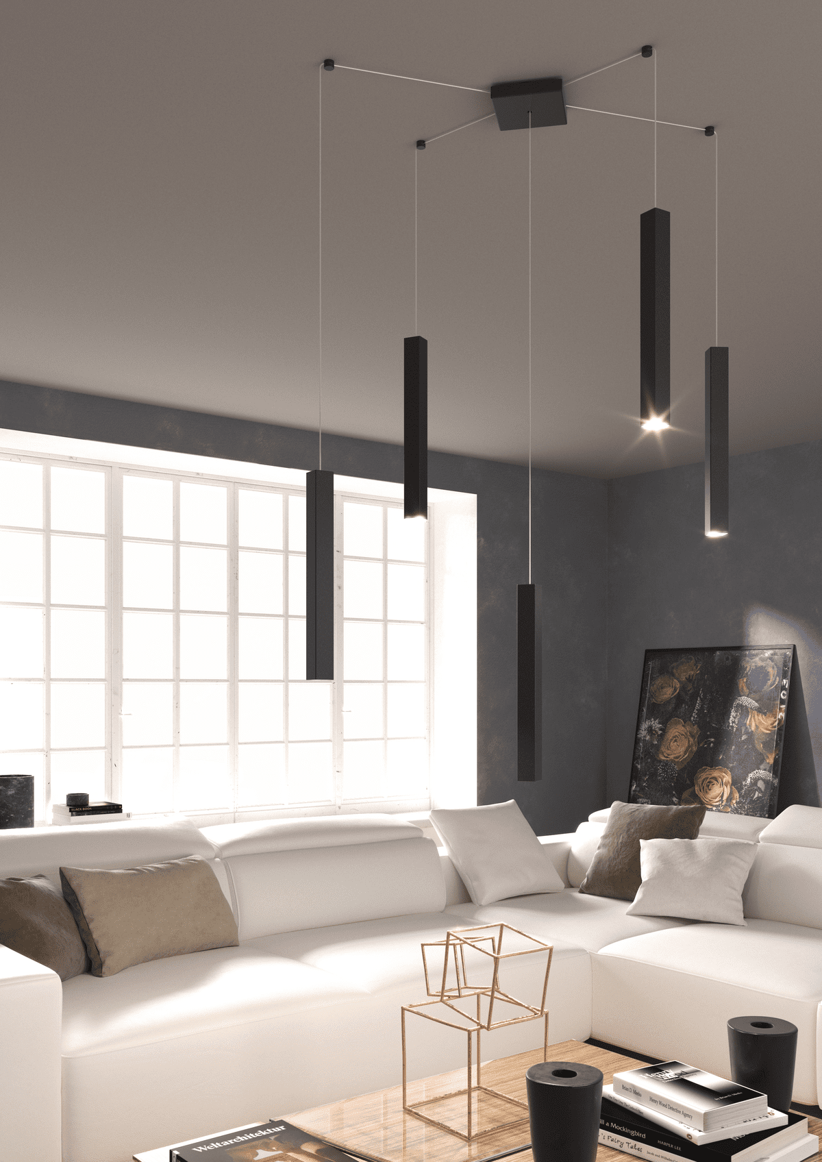 1173/S5-NE SQUARE TUBE SOSPENSIONE 5 LUCI NERO CAVO CM.250 CON BASE