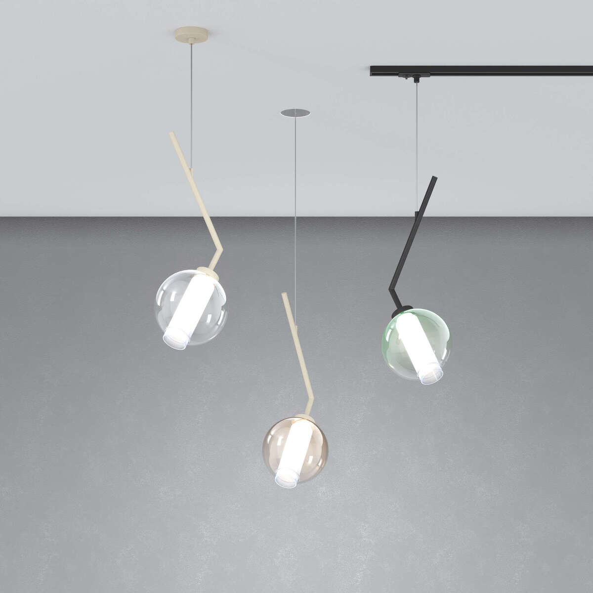 1207MONONE-NB/S1-VE V-LINE SOSP. 1 LUCE E27 NEARLY BLACK CON CAVO CM 250 VETRO VERDE E PRENDI CORRENTE NERO PER BINARIO MONO
