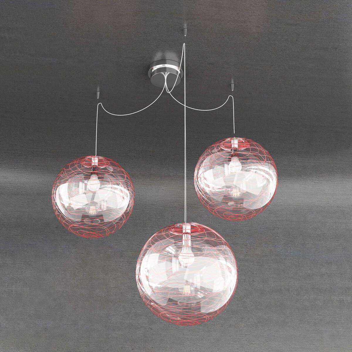 1117/S3-30-RO MOON SOSPENSIONE 3 LUCI D.30 CM. VETRO ROSSO