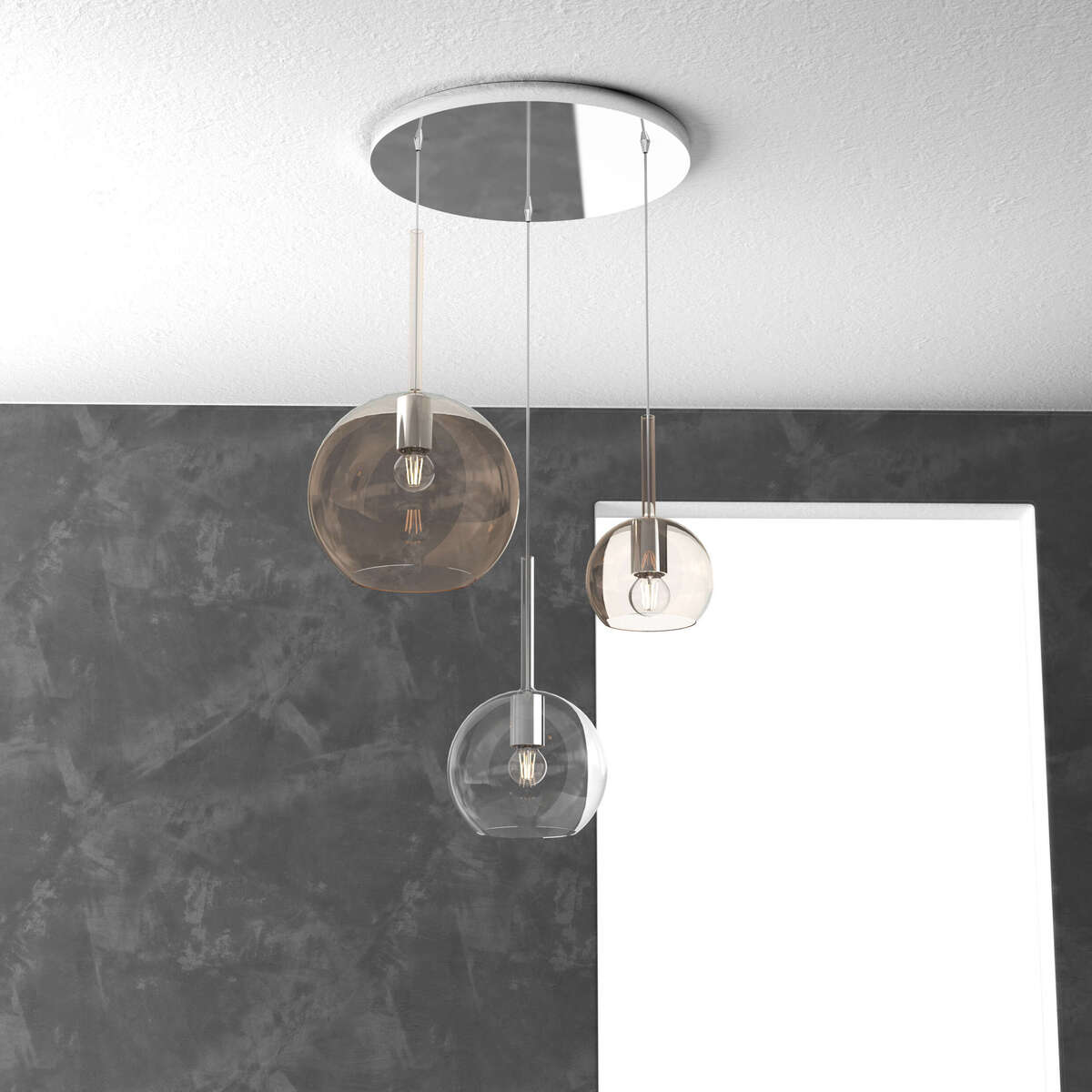 1155CR/S3 TMIX-TA FUTURE SOSP. CROMO TONDA 3 LUCI VETRI 1 GRANDE AMBRA+1 MEDIO TRASPARENTE+1 PICCOLO AMBRA