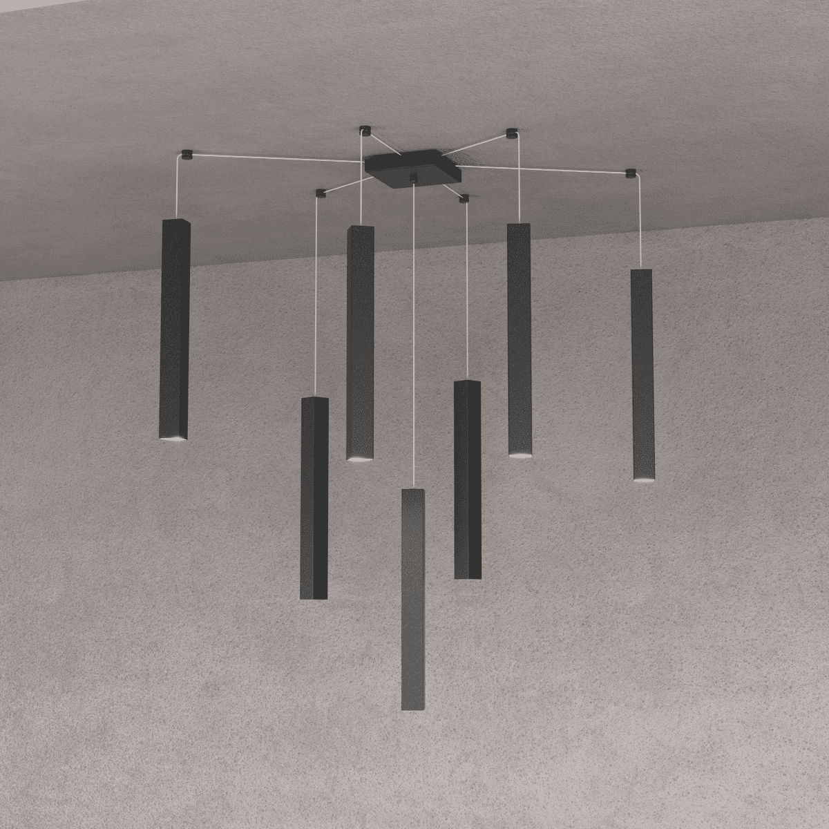1173/S7-NE SQUARE TUBE SOSPENSIONE 7 LUCI NERO CAVO CM.250 CON BASE