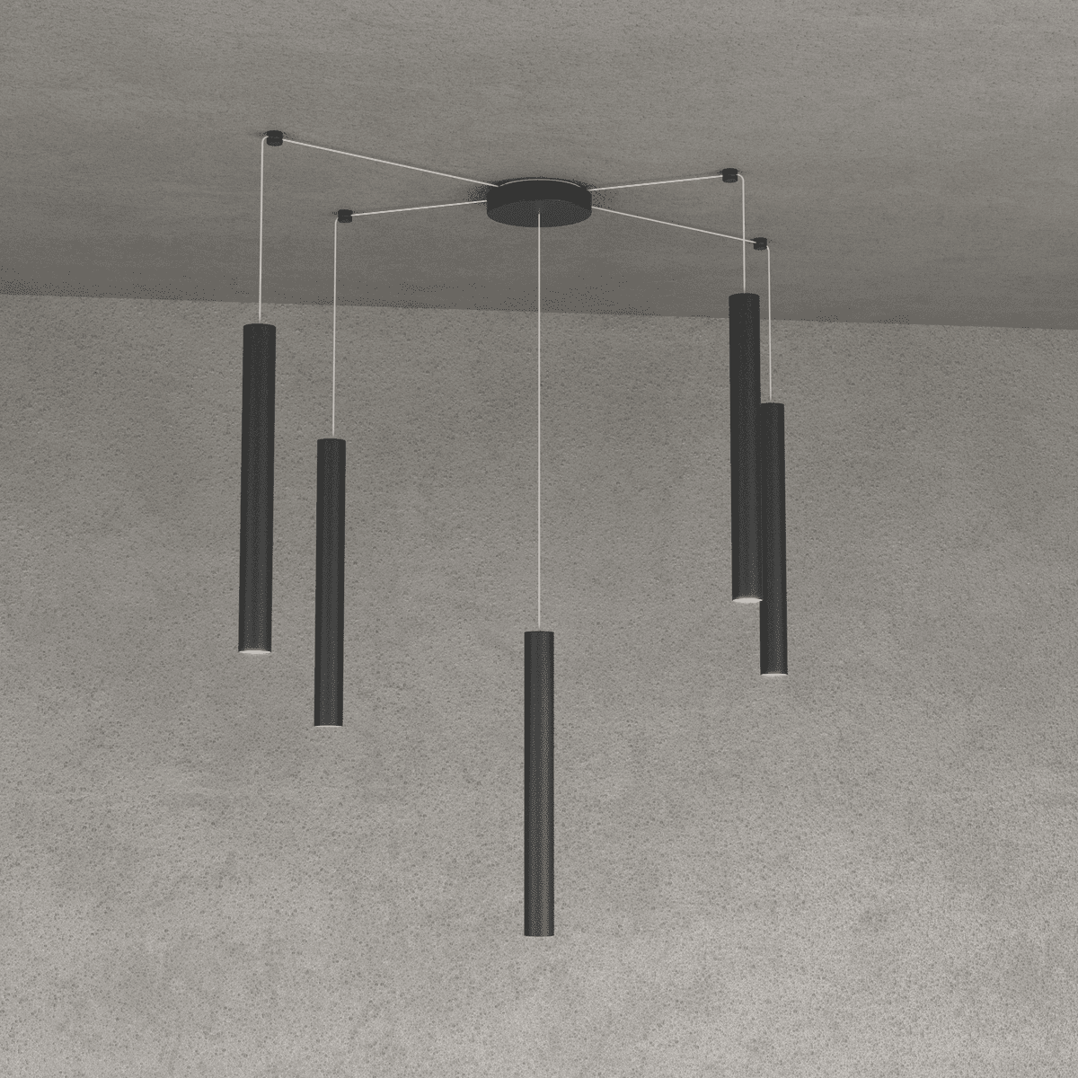 1174/S5-NE ROUND TUBE SOSPENSIONE 5 LUCI NERO CAVO CM.250 CON BASE