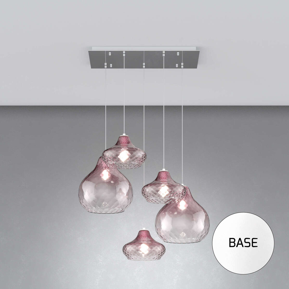 1191BI/S5 RMIX-RU DRESS SOSP. BIANCO 5 LUCI RETTANGOLARE VETRI (3 X PICCOLO + 2 X GRANDE) TUTTI RUBINO