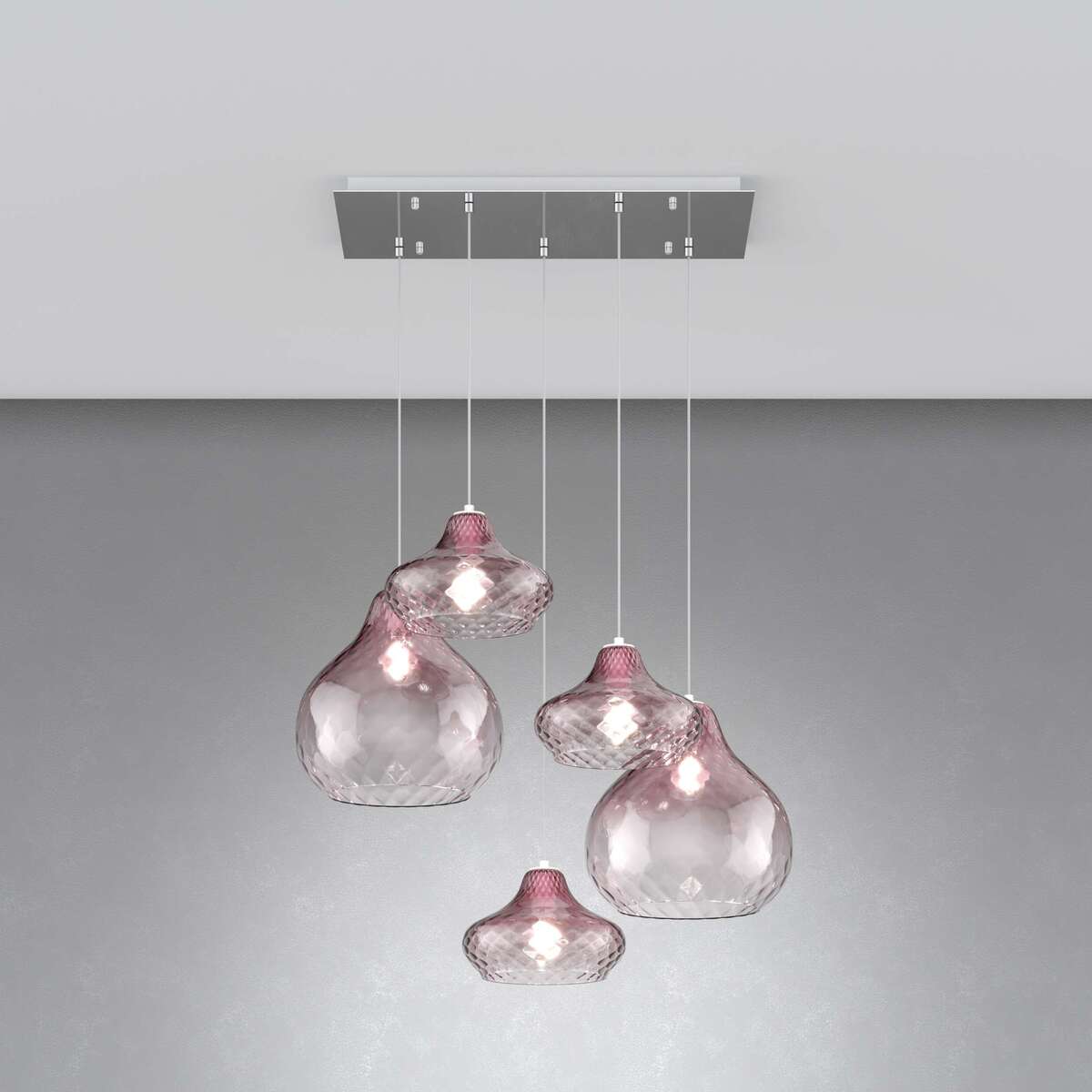 1191CR/S5 RMIX-RU DRESS SOSP. CROMO 5 LUCI RETTANGOLARE VETRI (3 X PICCOLO + 2 X GRANDE) TUTTI RUBINO