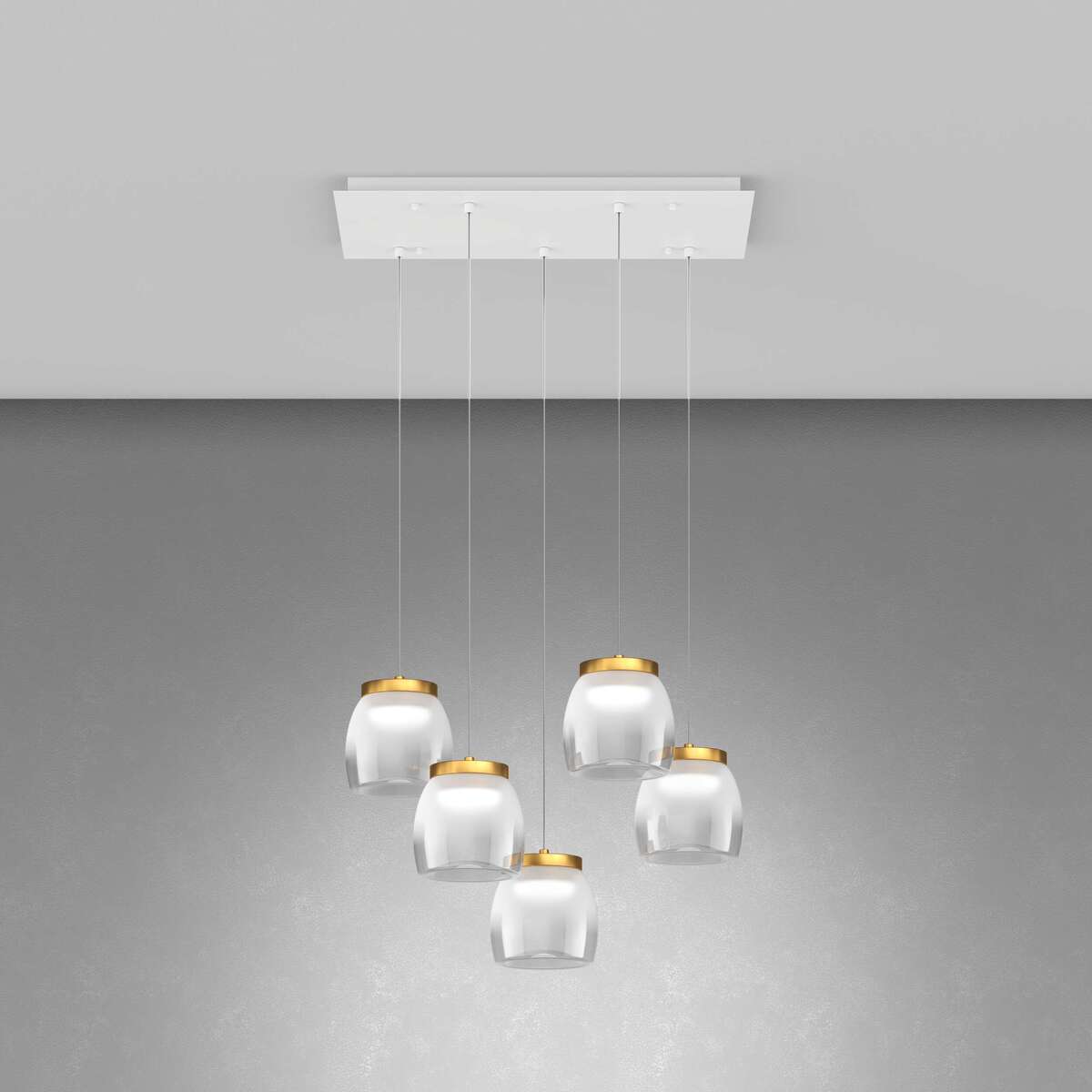 1192BI/S5 RP-OO DRUM SOSP. RETTANGOLARE BIANCO 5 LUCI VETRI PICCOLI DECORO ORO OPACO