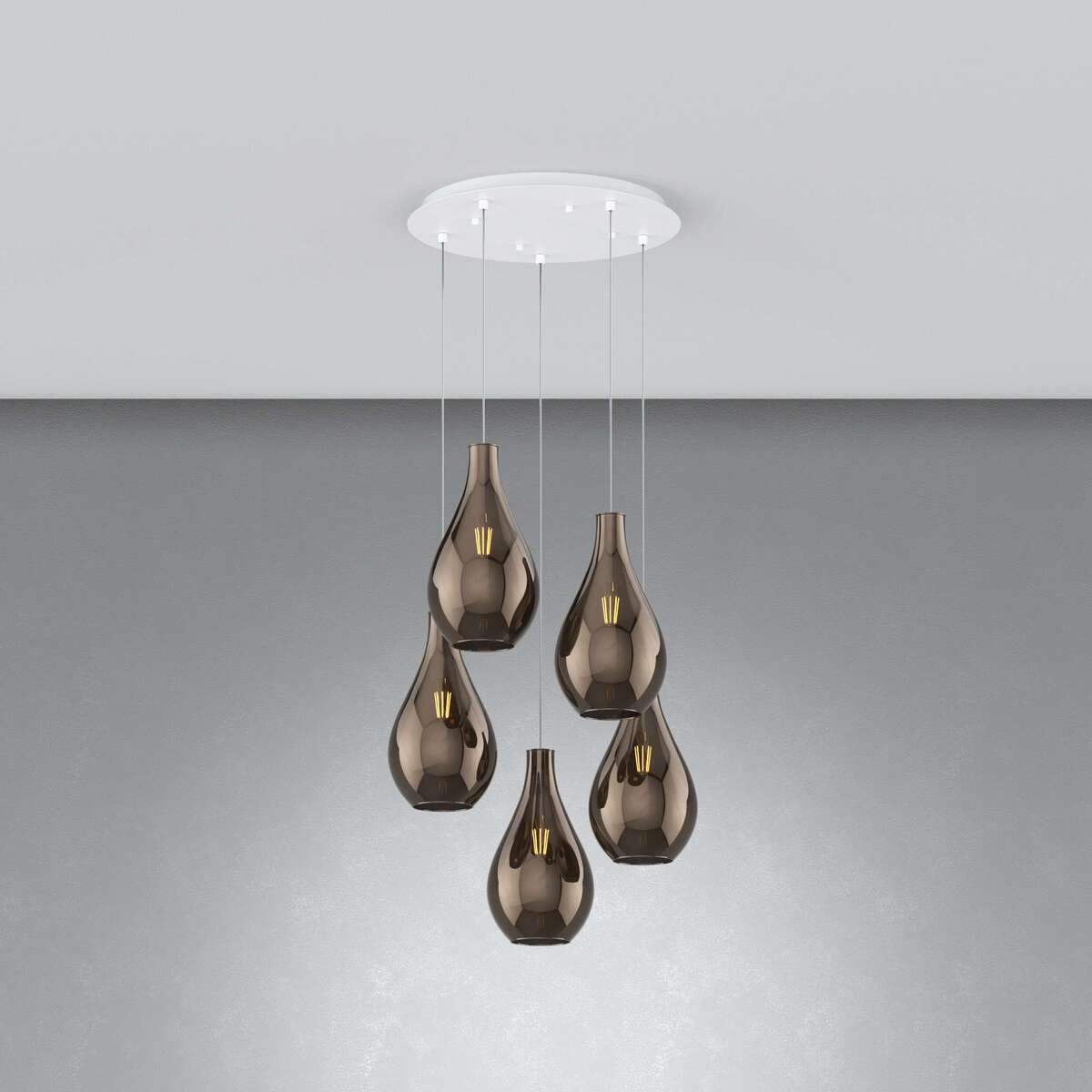 1193BI/S5 TP-BR DROP 2.0 SOSP. BIANCO 5 LUCI TONDA VETRI PICCOLI BRONZO