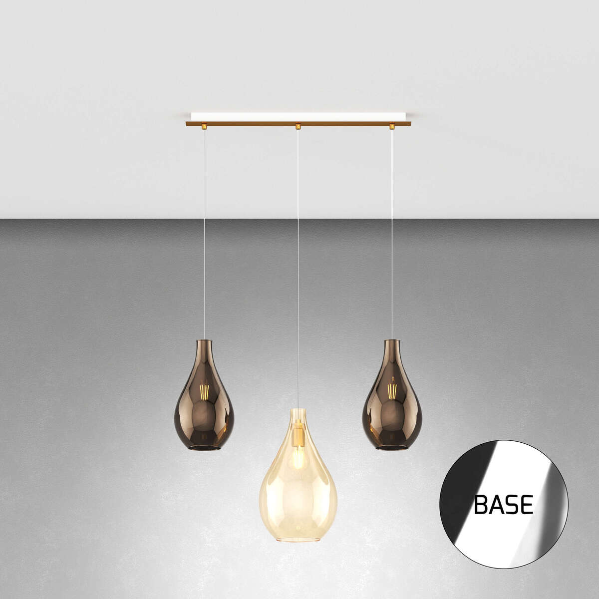 1193CR/S3 RPM-AB DROP 2.0 SOSP. CROMO 3 LUCI RETTANGOLARE VETRI (1 MEDIO AMBRA+2 PICCOLI BRONZO)