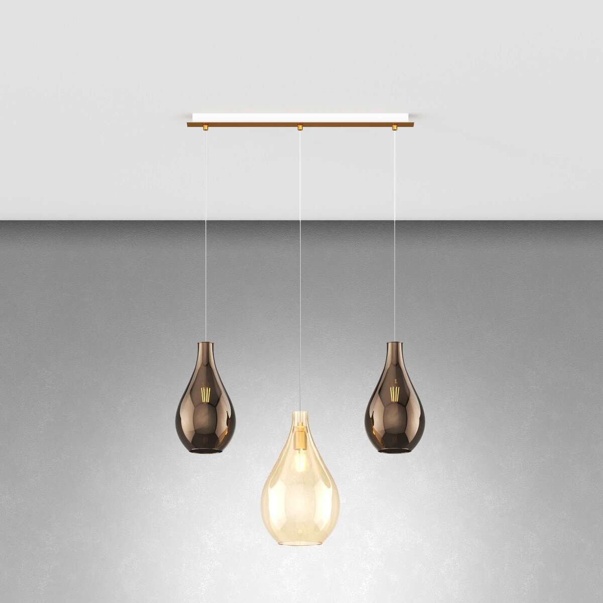 1193OS/S3 RPM-AB DROP 2.0 SOSP. OTTONE SAT. 3 LUCI RETTANGOLARE VETRI (1 MEDIO AMBRA+2 PICCOLI BRONZO)