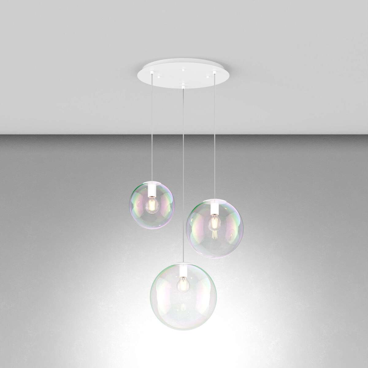 1234BI/S3 TMIX SOSP. BIANCO 3 LUCI TONDO VETRI IRIDE (1 PICCOLO + 1 MEDIO + 1 GRANDE)