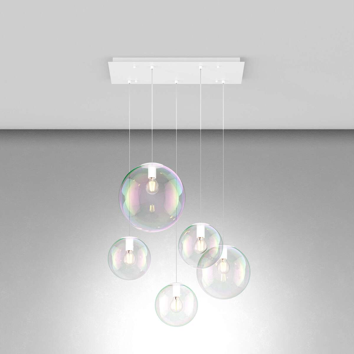 1234BI/S5 RMIX SOSP. BIANCO 5 LUCI RETTANGOLARE VETRI IRIDE (3 PICCOLO + 1 MEDIO + 1 GRANDE)