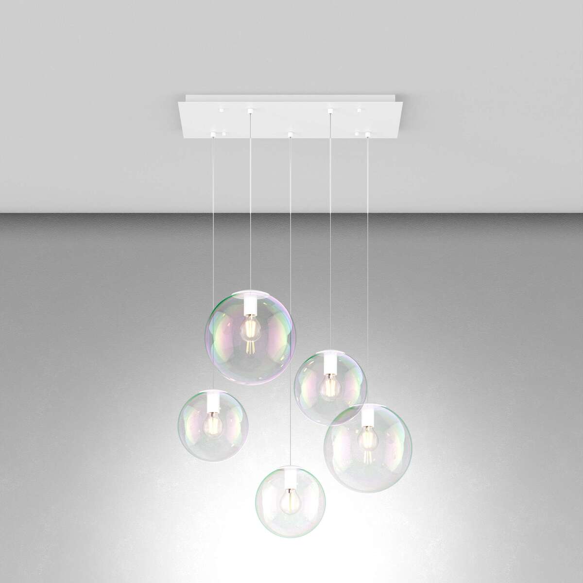 1234BI/S5 RPM SOSP. BIANCO 5 LUCI RETTANGOLARE VETRI IRIDE (3 PICCOLI + 2 MEDI)