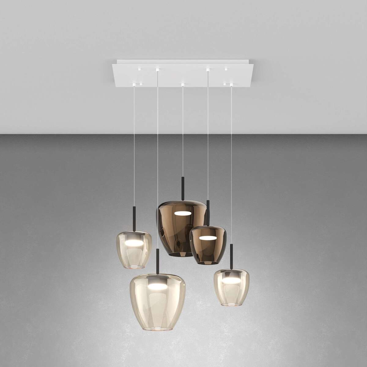 1236BI/S5 RMIX-AB SOSP. BIANCO 5 LUCI RETTANGOLARE VETRI (2 PICCOLO AMBRA + 1 PICCOLO BRONZO + 1 GRANDE AMBRA + 1 GRANDE BRONZO)
