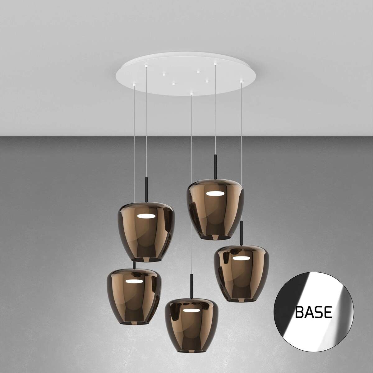 1236CR/S5 TG-BR SOSP. CROMO 5 LUCI TONDO VETRI GRANDI BRONZO