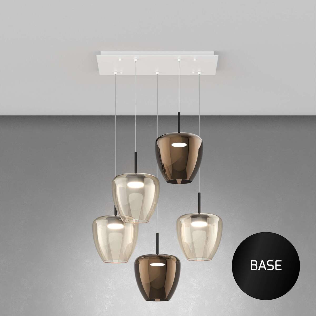 1236NE/S5 RG-AB SOSP. NERO 5 LUCI RETTANGOLARE VETRI GRANDI (3 AMBRA + 2 BRONZO)