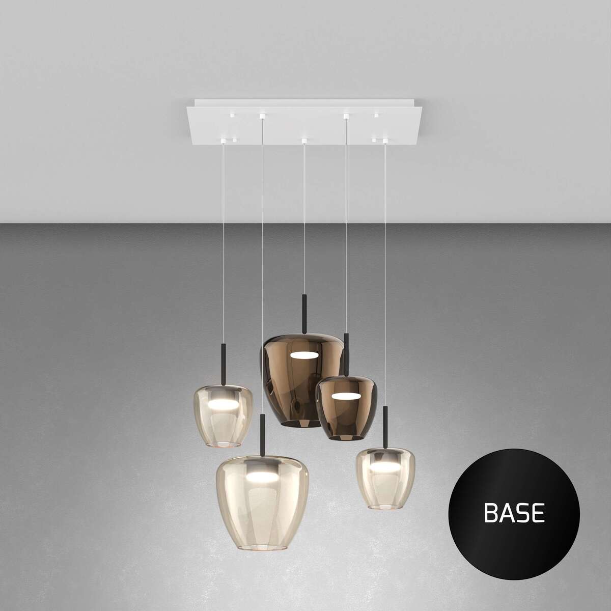 1236NE/S5 RMIX-AB SOSP. NERO 5 LUCI RETTANGOLARE VETRI (2 PICCOLO AMBRA + 1 PICCOLO BRONZO + 1 GRANDE AMBRA + 1 GRANDE BRONZO)