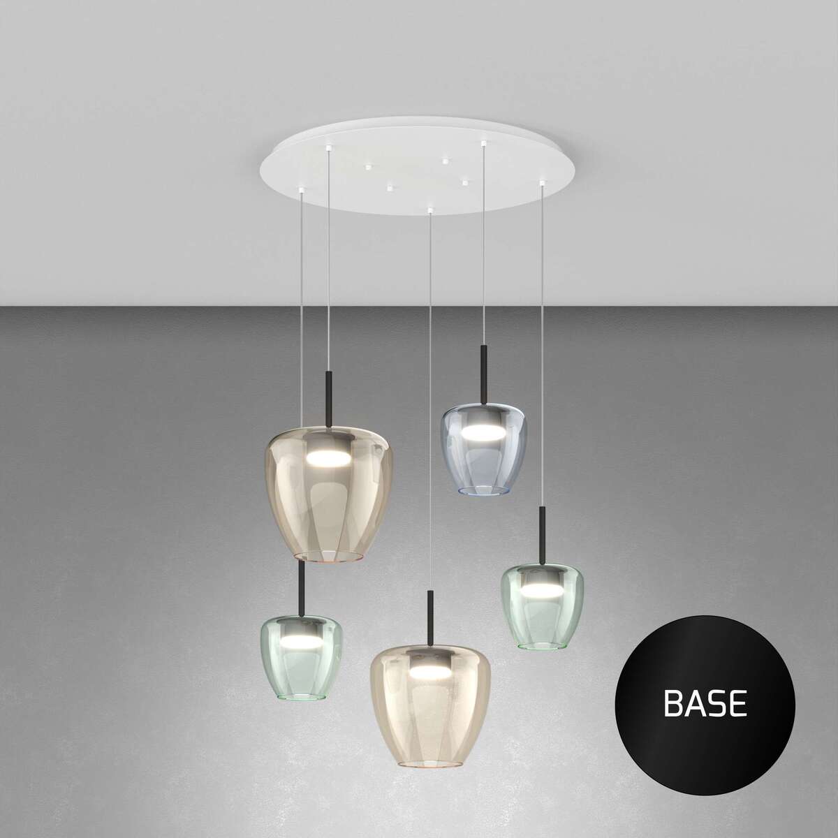 1236NE/S5 TMIX-MP SOSP. NERO 5 LUCI TONDO VETRI (2 PICCOLI VERDE + 1 PICCOLO BLU + 2 GRANDI AMBRA)