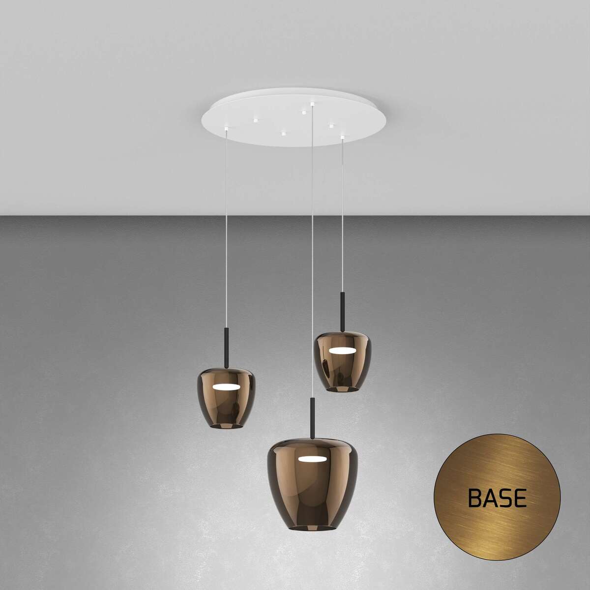 1236OS/S3 TMIX-BR SOSP. OTTONE SAT. 3 LUCI TONDO VETRI (2 PICCOLI + 1 GRANDE) TUTTI BRONZO