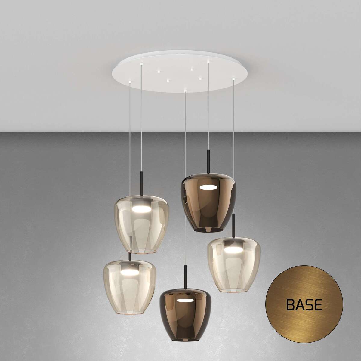 1236OS/S5 TG-AB SOSP. OTTONE SAT. 5 LUCI TONDO VETRI GRANDI (3 AMBRA + 2 BRONZO)