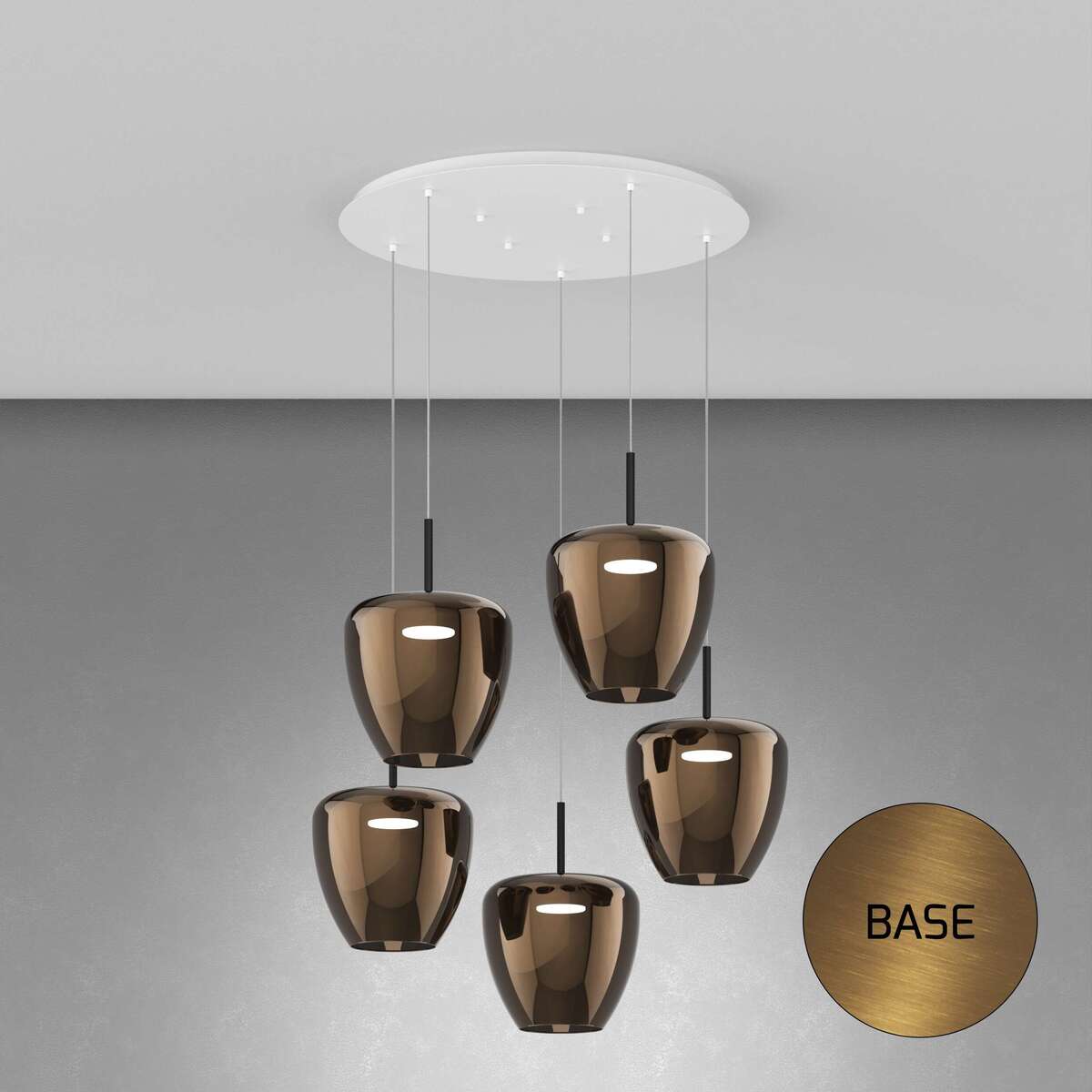 1236OS/S5 TG-BR SOSP. OTTONE SAT. 5 LUCI TONDO VETRI GRANDI BRONZO