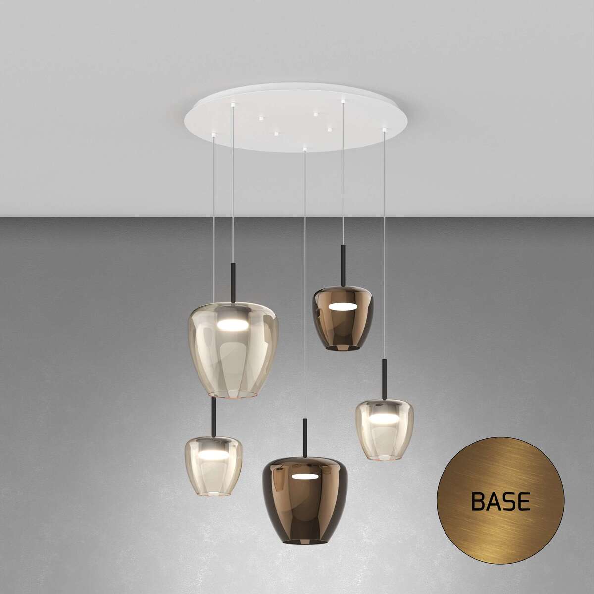 1236OS/S5 TMIX-AB SOSP. OTTONE SAT. 5 LUCI TONDO VETRI (2 PICCOLO AMBRA + 1 PICCOLO BRONZO + 1 GRANDE AMBRA + 1 GRANDE BRONZO)