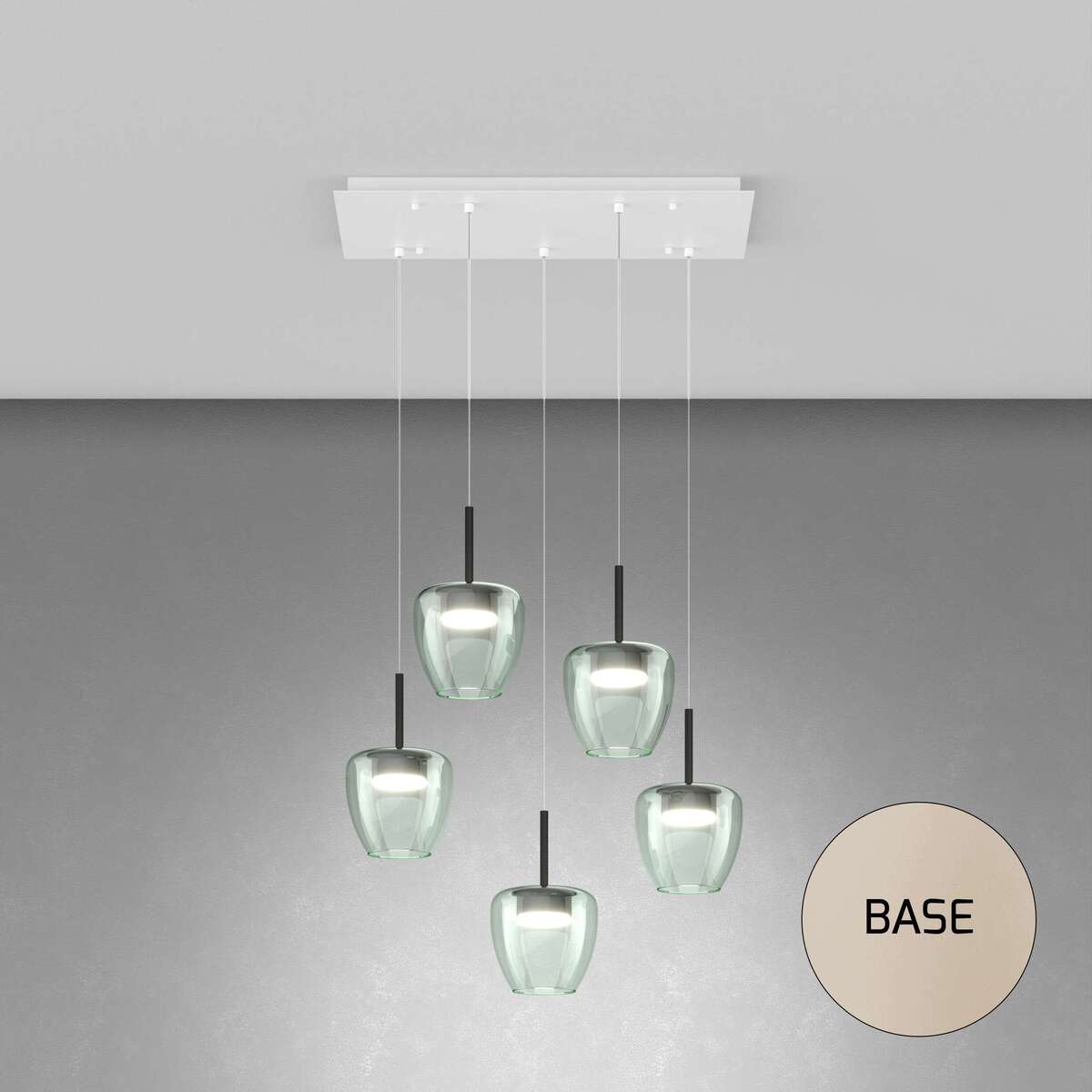 1236SA/S5 RP-VE SOSP. SABBIA 5 LUCI RETTANGOLARE VETRI PICCOLI VERDE