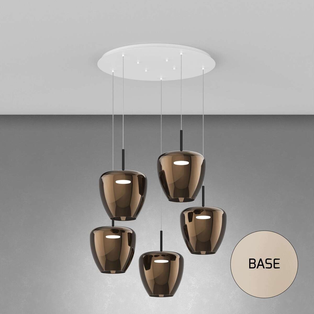 1236SA/S5 TG-BR SOSP. SABBIA 5 LUCI TONDO VETRI GRANDI BRONZO
