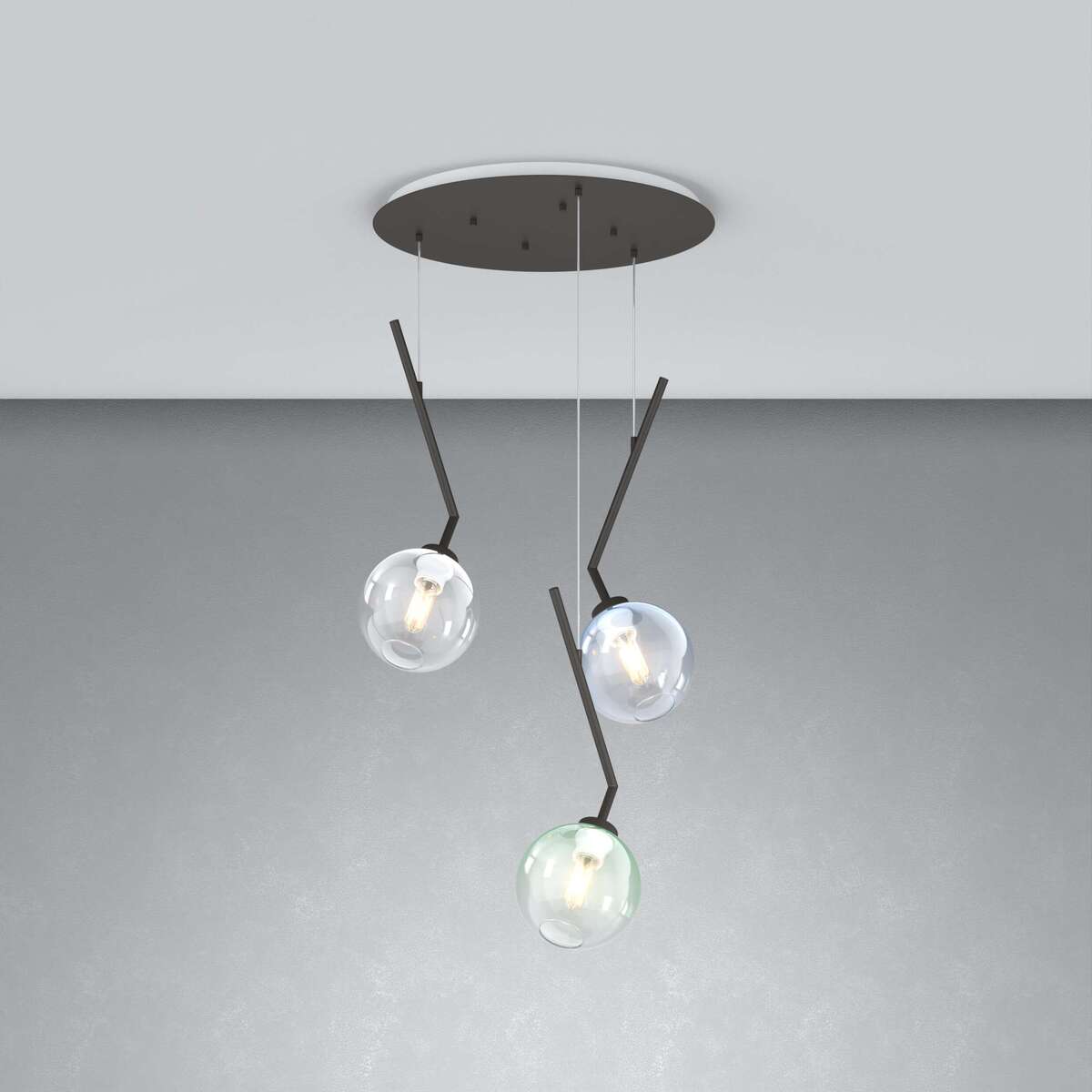 1240NB/S3 T-MP L-LINE SOSP. NEARLY BLACK 3 LUCI TONDO VETRI 1X AMBRA + 1X VERDE + 1X BLU
