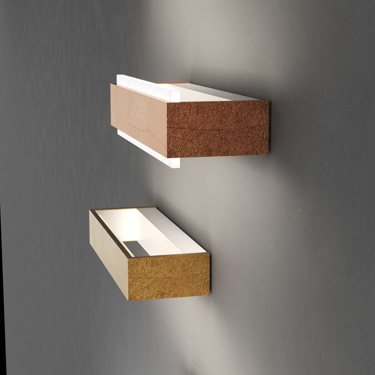 1213/30 DM-FR BIOS APPLIQUE /PLAFONIERA PICCOLA FOGLIA RAME A LED INTEGR. SWITCH 3000/4000CON DIFFUSORE IN METACR. SATIN.