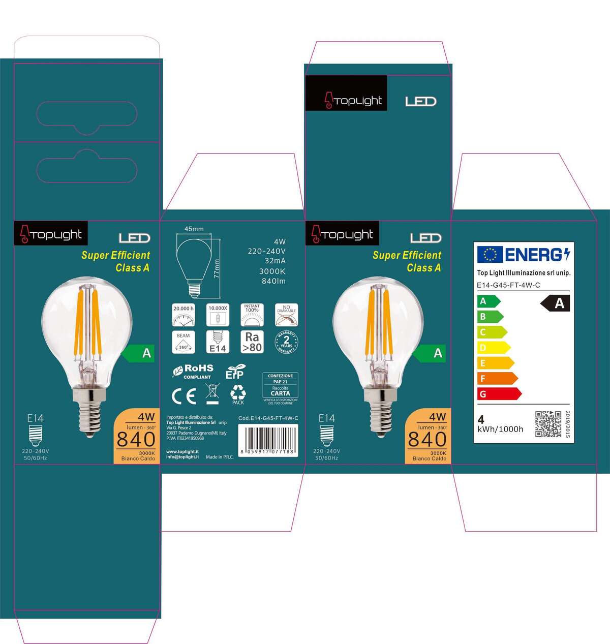 E14-G45-FT-4W-C E14 D.45MM FILO TRASPARENTE CLASSE A 4W 3000K 840 LM CONFEZIONE 1PZ
