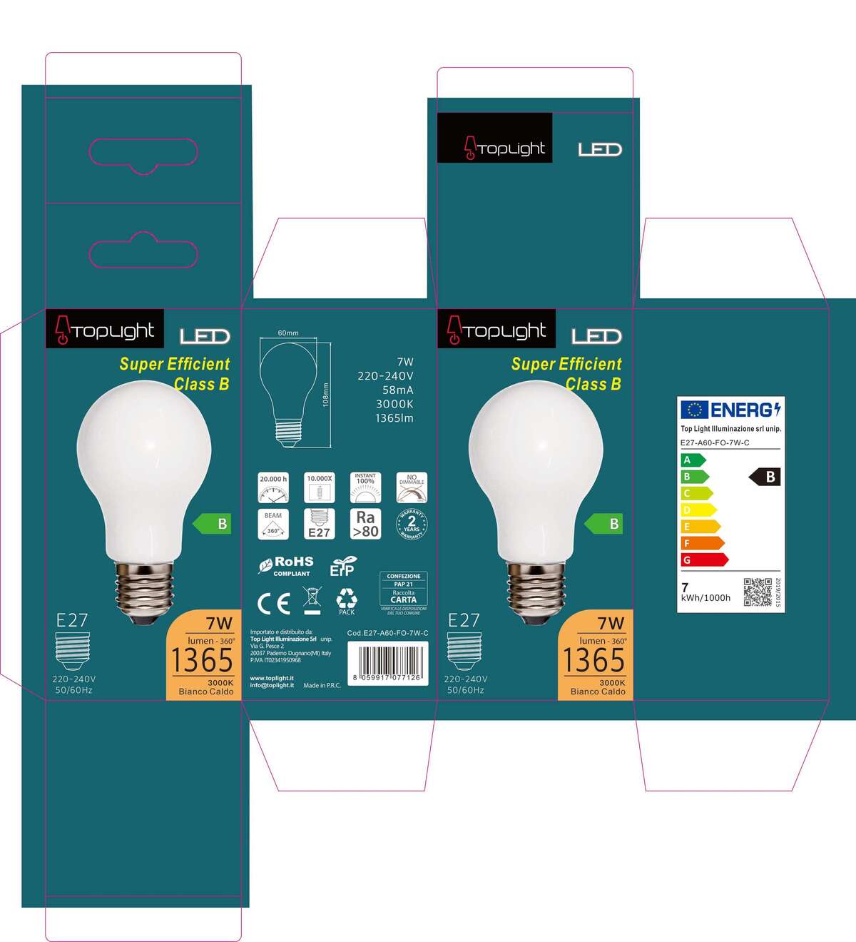 E27-A60-FO-7W-C E27 D.60MM FILO OPALE CLASSE B 7W 3000K 1365 LM CONFEZIONE 1PZ