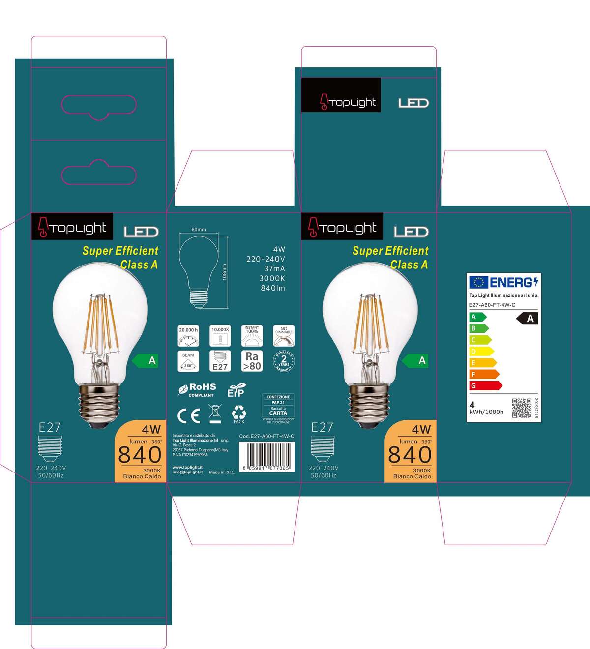 E27-A60-FT-4W-C E27 D.60MM FILO TRASPARENTE CLASSE A 4W 3000K 840 LM CONFEZIONE 1PZ