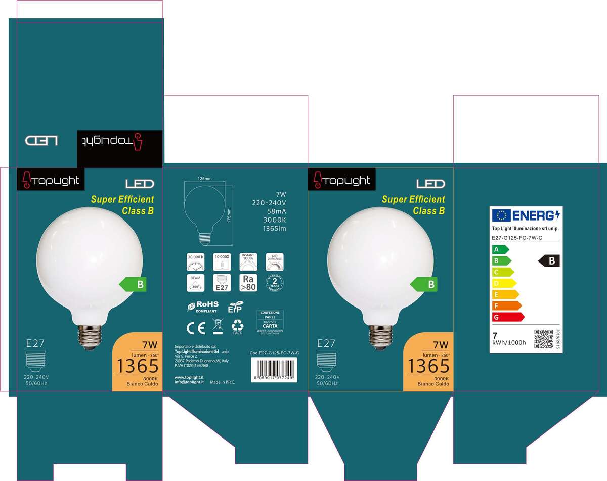 E27-G125-FO-7W-C E27 D.125MM FILO OPALE CLASSE B 7W 3000K 1365 LM CONFEZIONE 1PZ