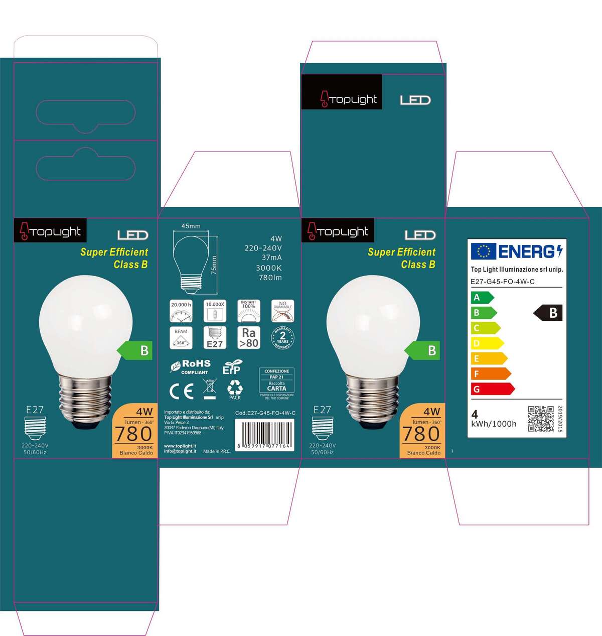 E27-G45-FO-4W-C E27 D.45MM FILO OPALE CLASSE B 4W 3000K 780 LM CONFEZIONE 1PZ