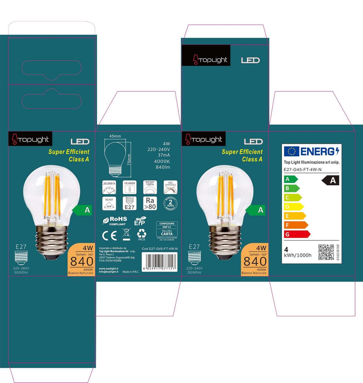 E27-G45-FT-4W-N E27 D.45MM FILO TRASPARENTE CLASSE A 4W 4000K 840 LM CONFEZIONE 1PZ