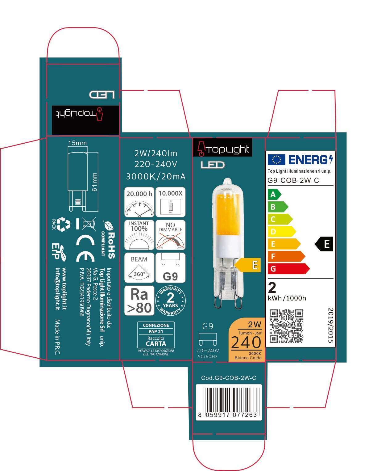 G9-COB-2W-C G9 COB CLASSE E 2W 3000K 240 LM CONFEZIONE 1PZ