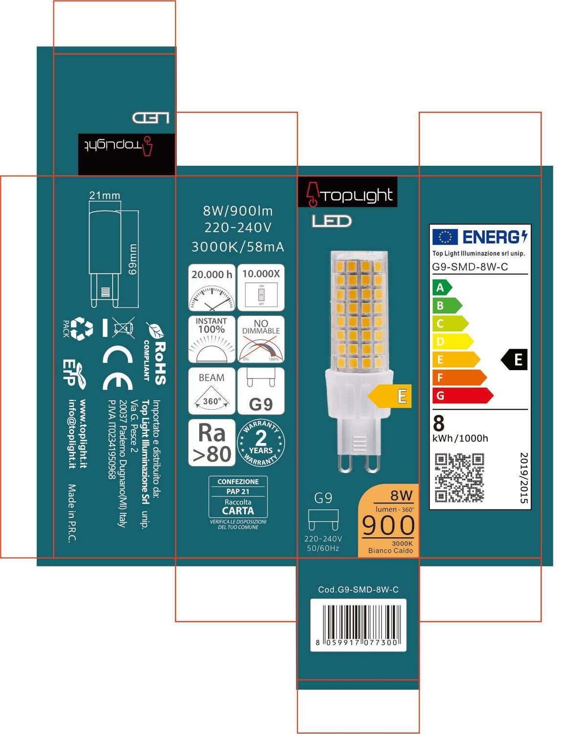 G9-SMD-8W-C G9 SMD CLASSE E 8W 3000K 900 LM CONFEZIONE 1PZ