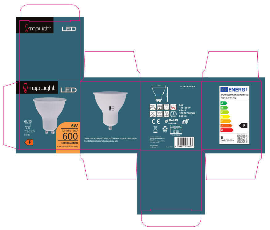 GU10-6W-CN GU10 DIFF.SATINATO 6W 3000/4000K SWITCH 600 LM CONFEZIONE 1PZ