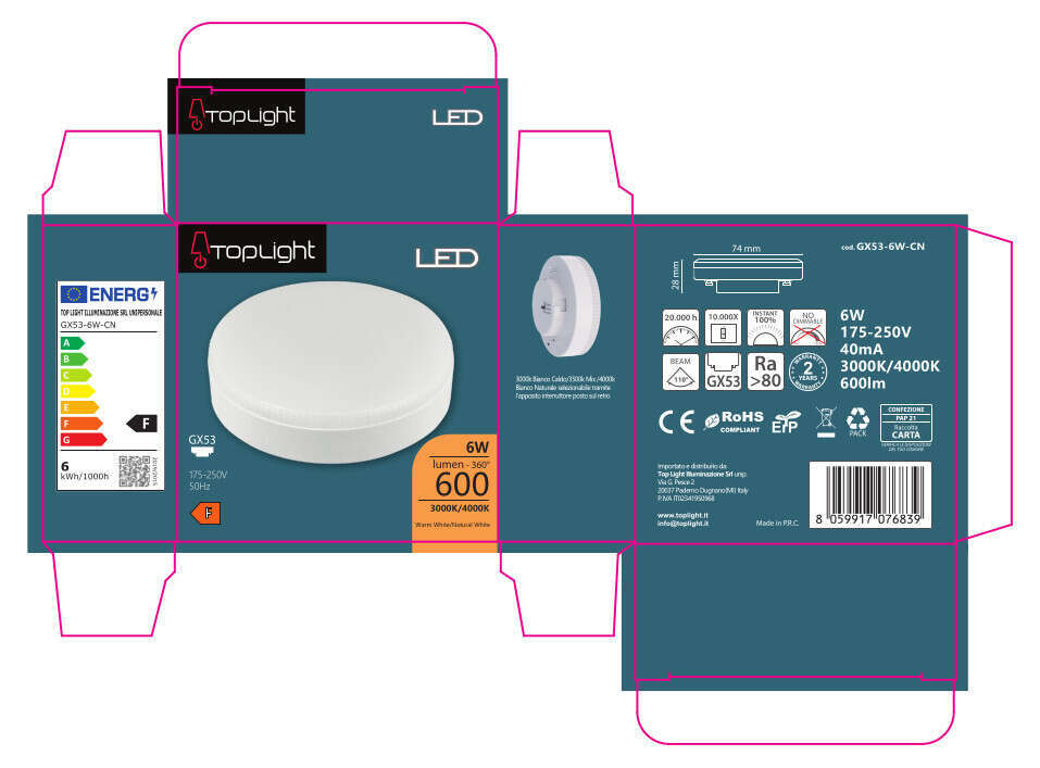 GX53-6W-CN GX53 DIFF.SATINATO 6W 3000/4000K SWITCH 600 LM CONFEZIONE 1PZ