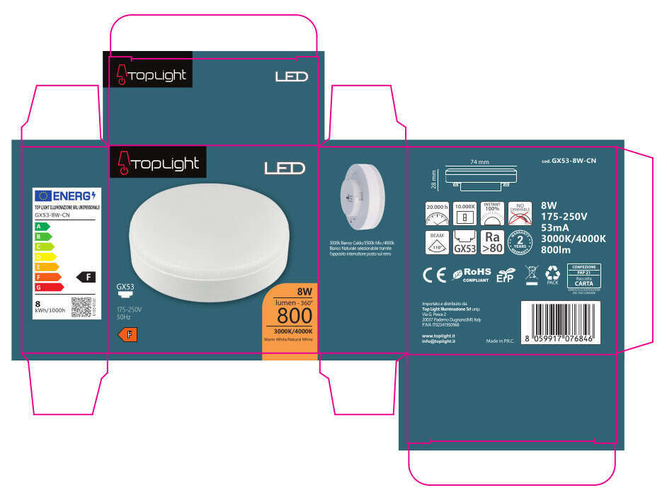 GX53-8W-CN GX53 DIFF.SATINATO 8W 3000/4000K SWITCH 800 LM CONFEZIONE 1PZ