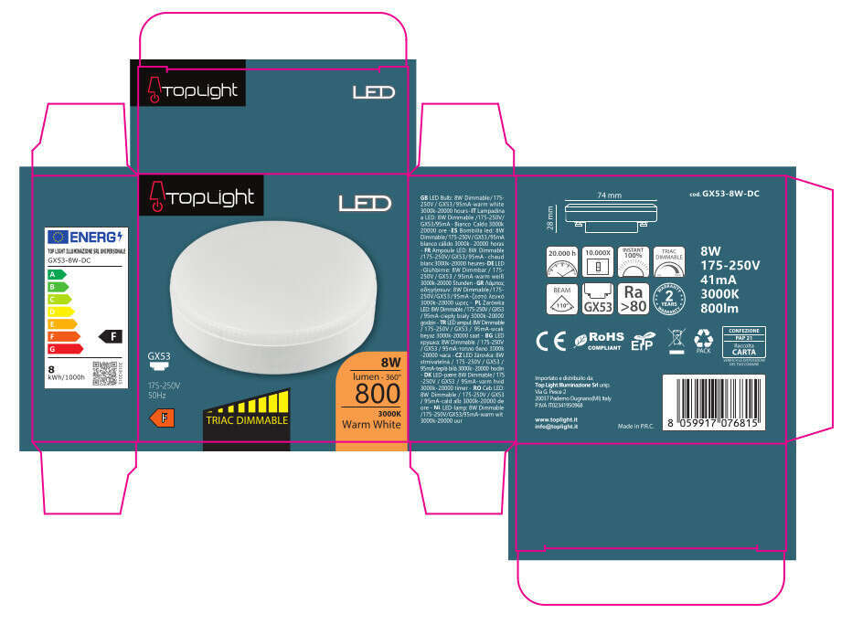 GX53-8W-DC GX53 DIMMERABILE DIFF.SATINATO 8W 3000K 800 LM CONFEZIONE 1PZ