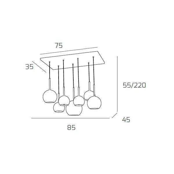 1155BI/S7 RMIX-MC FUTURE SOSP. BIANCO RETTANGOLARE 7 LUCI VETRI (1 GRANDE CR+1 MEDIO AM+1 MEDIO TR +4 PICCOLO 1 X AM+TR+RA+OR)