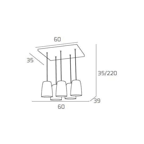 1164BI/S5 R-RA SHADED SOSP. BIANCO RETTANGOLARE 5 LUCI RAME