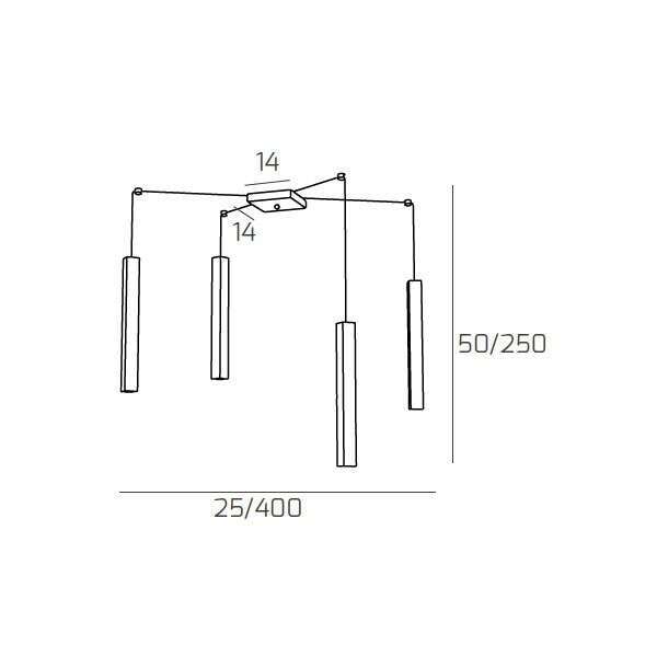 1173/S4-SA SQUARE TUBE SOSPENSIONE 4 LUCI SABBIA CAVO CM.250 CON BASE