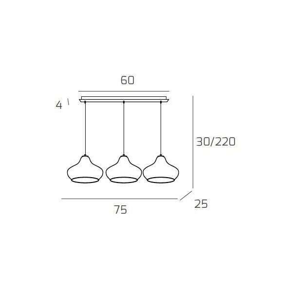 1191OS/S3 RP-AM DRESS SOSP. OTTONE SAT. 3 LUCI RETTANGOLARE VETRI PICCOLI AMBRA