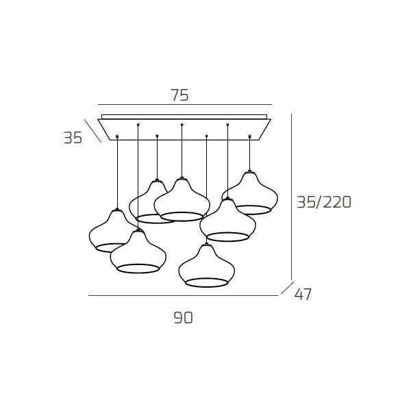 1191OS/S7 RP-ZA DRESS SOSP. OTTONE SAT. 7 LUCI RETTANGOLARE VETRI PICCOLI ZAFFIRO