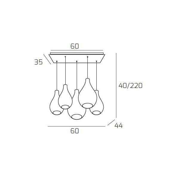 1193BI/S5 RMIX-TF DROP 2.0 SOSP. BIANCO 5 LUCI RETTANGOLARE VETRI (2 PICCOLI FU+1 PICCOLO TR+1 MEDIO FU+1 MEDIO TR)