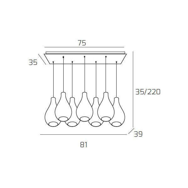 1193BI/S7 RP-BR DROP 2.0 SOSP. BIANCO 7 LUCI RETTANGOLARE VETRI PICCOLI TUTTI BRONZO