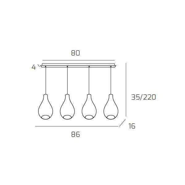 1193OS/S4 RP-FU DROP 2.0 SOSP. OTTONE SAT. 4 LUCI RETTANGOLARE VETRI PICCOLI FUME'