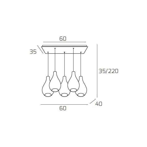 1193OS/S5 RP-TF DROP 2.0 SOSP. OTTONE SAT. 5 LUCI RETTANGOLARE VETRI PICCOLI (3 FUME'+2 TRASPARENTI)
